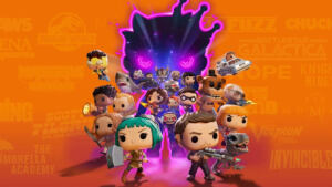 Groep van Funko Fusion figuren met verschillende personages op een oranje achtergrond.
